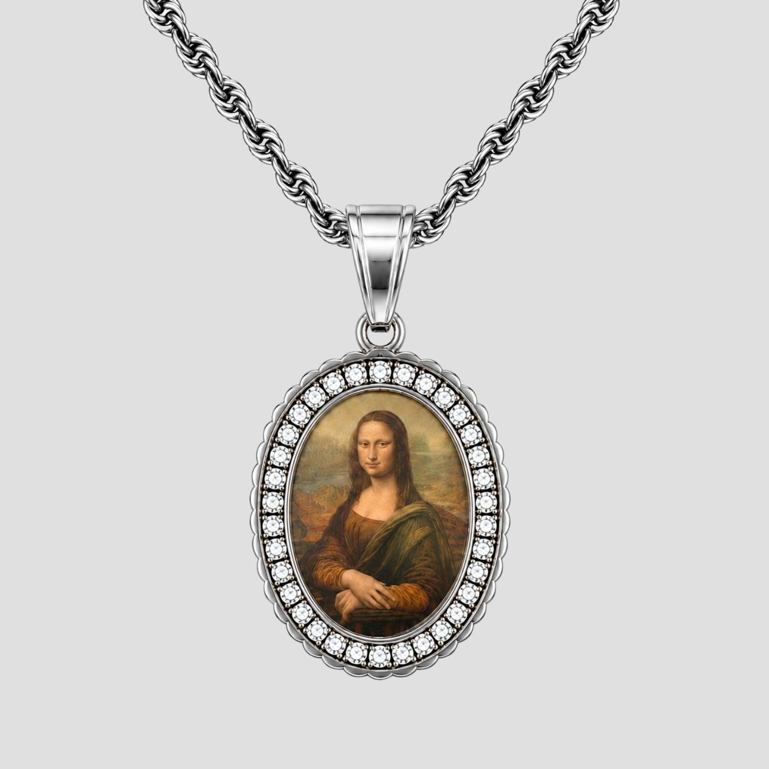 GRISÉ NYC Mona Lisa Pendant Necklace featuring white gemstones and a silver stainless steel rope chain.