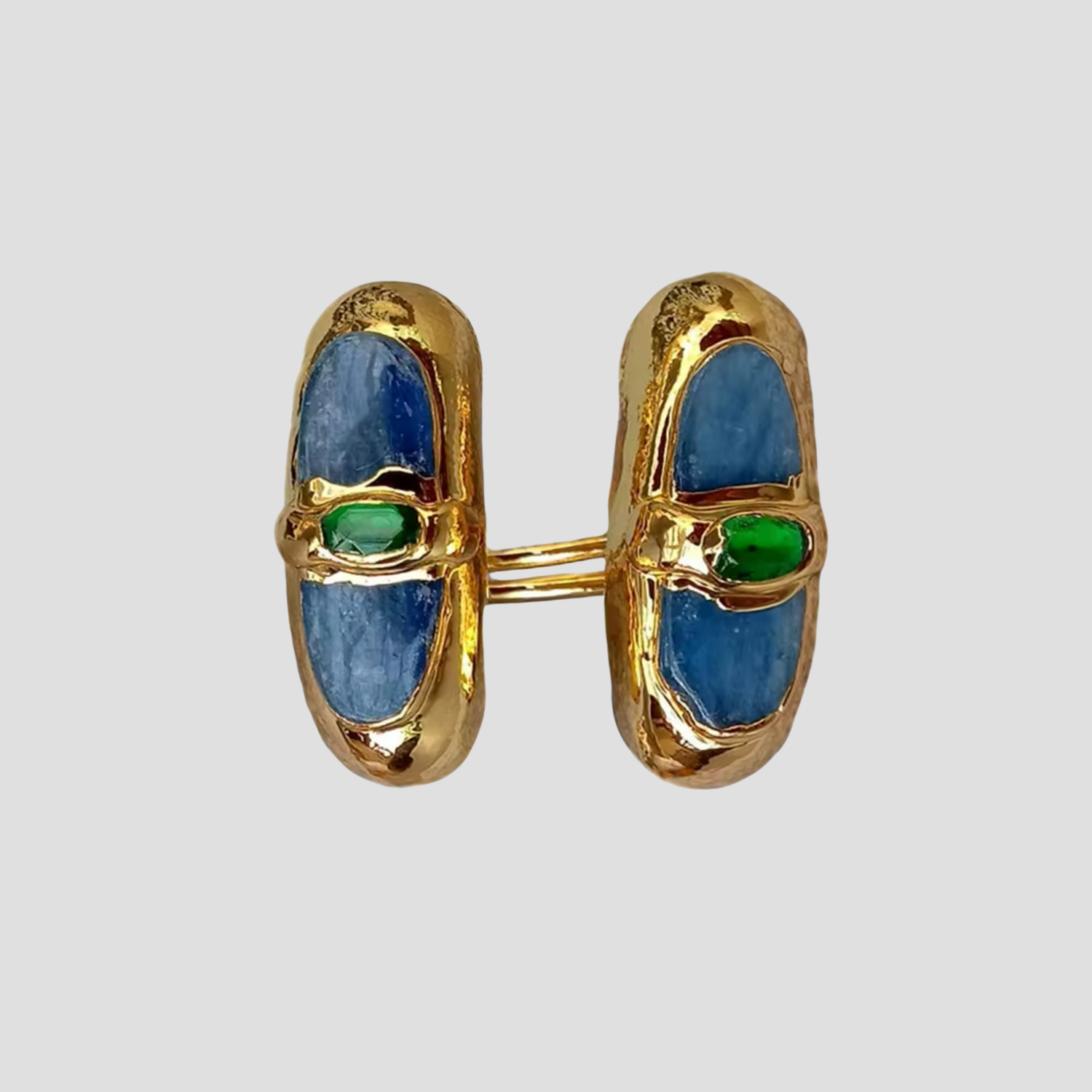 GRISÉ NYC Mundo Azul Baroque Double Pill Ring in gold with blue stones, bold unisex statement jewelry.
