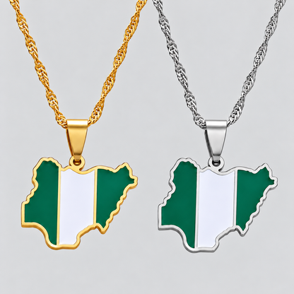 GRISÉ NYC Nigeria flag map pendant necklaces in gold and silver, featuring green and white enamel detailing on matching chains.