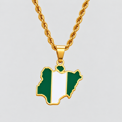 GRISÉ NYC gold Nigeria flag map pendant necklace featuring green and white enamel detailing on a 3mm gold rope chain.