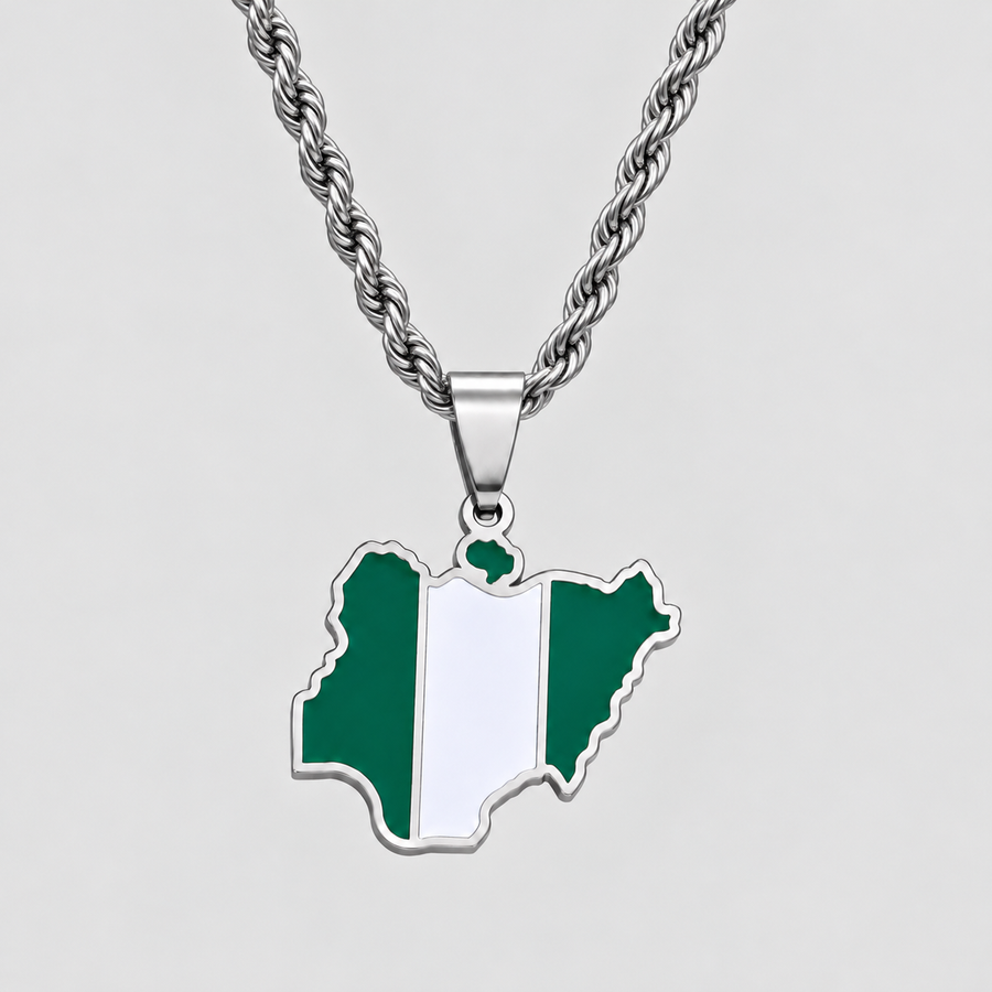Nigeria Flag Map Pendant Necklace – Silver