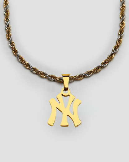 GRISÉ NYC NY Yankees pendant necklace in 18k gold plated stainless steel on 2 tone rope chain.