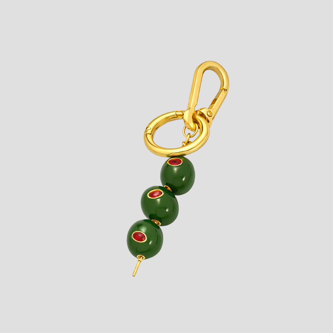 GRISÉ NYC Olive Garnish Keychain with green cabochon beads and gold tone carabiner clip.