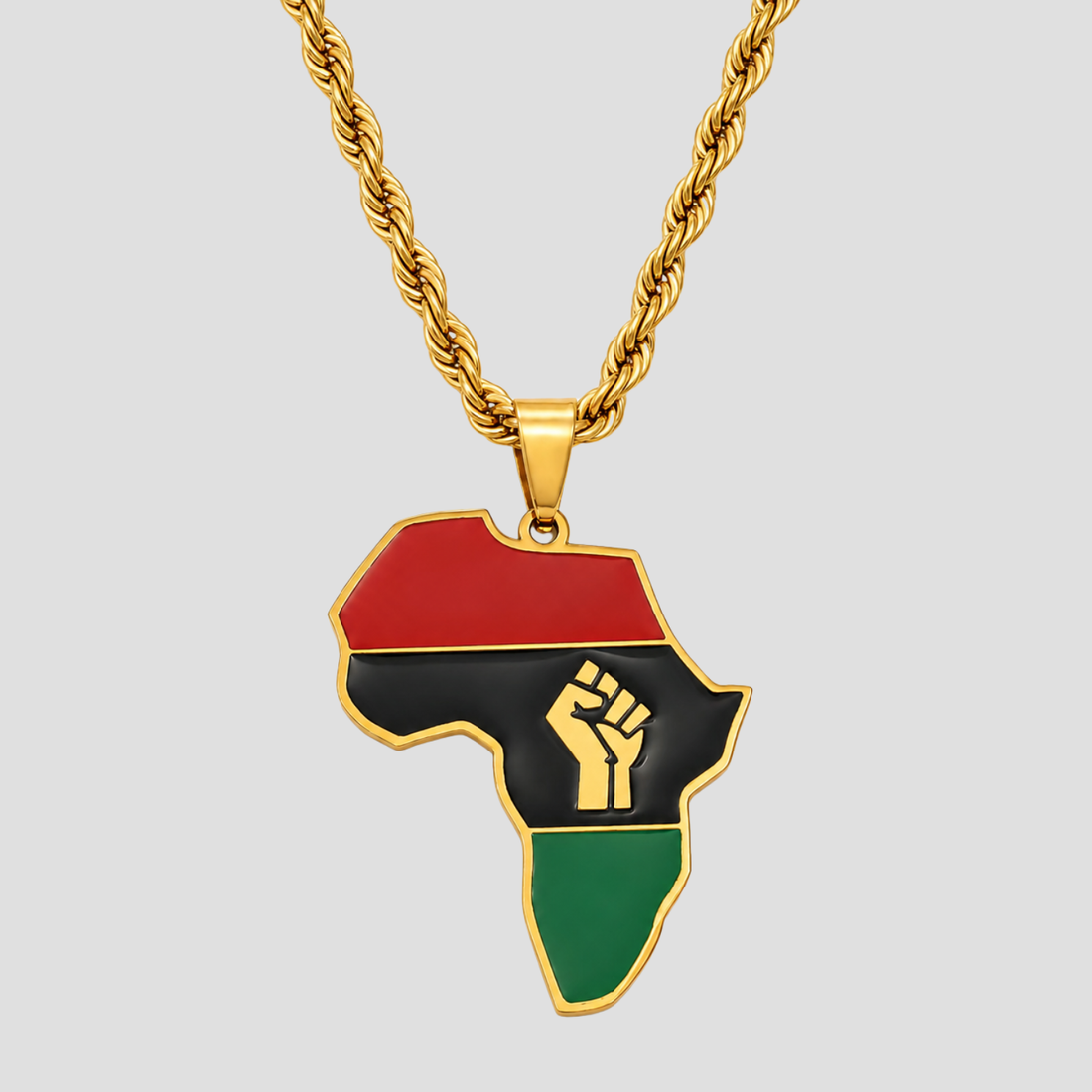GRISÉ NYC Pan-African enamel pendant necklace with red black green color fill and raised fist on 18k gold rope chain.