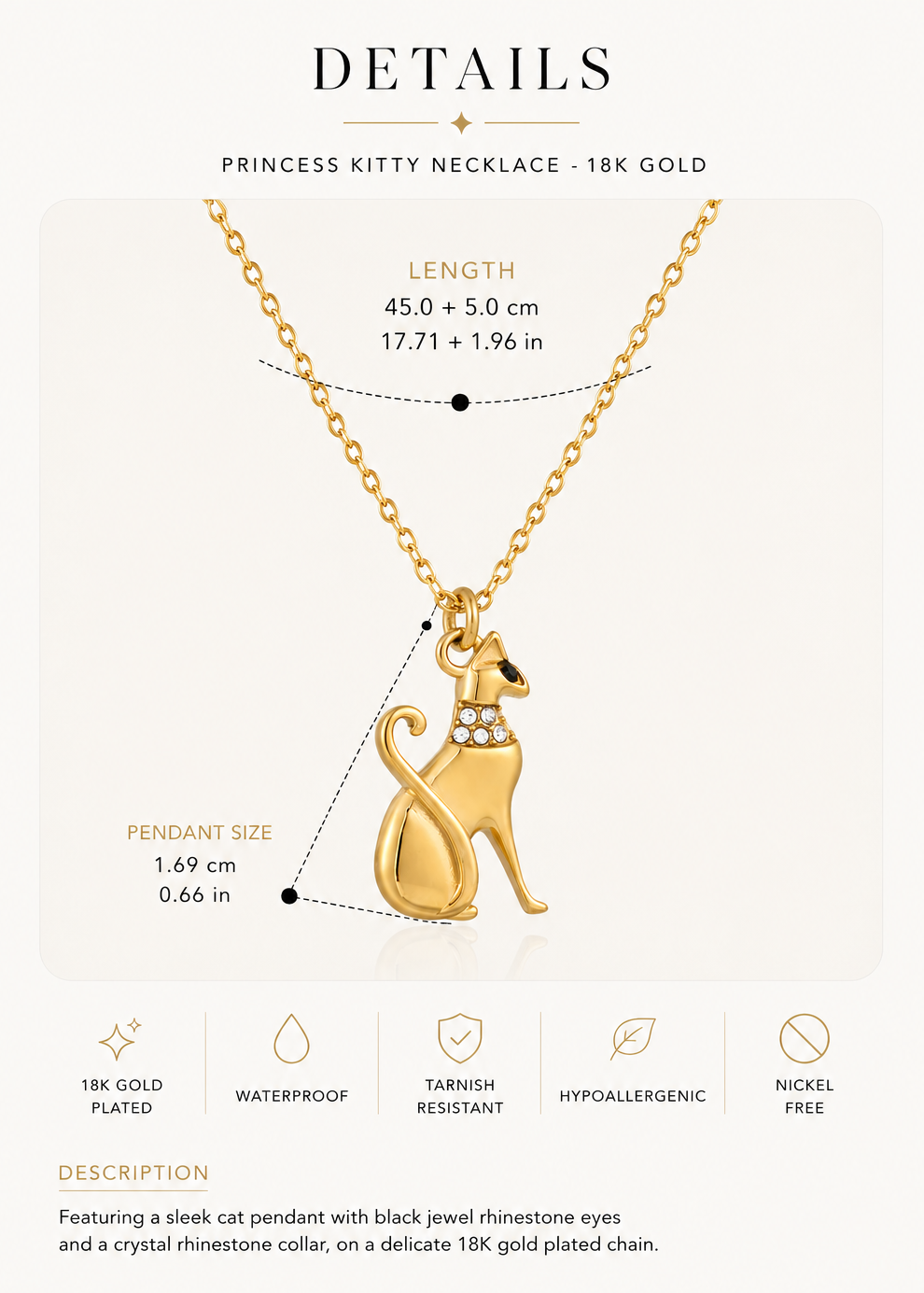 GRISÉ NYC Princess Kitty Necklace in 18k gold plated stainless steel with black jewel rhinestone eyes, crystal collar detailing, necklace measurements, and jewelry details page on a beige background