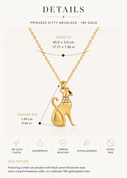 GRISÉ NYC Princess Kitty Necklace in 18k gold plated stainless steel with black jewel rhinestone eyes, crystal collar detailing, necklace measurements, and jewelry details page on a beige background