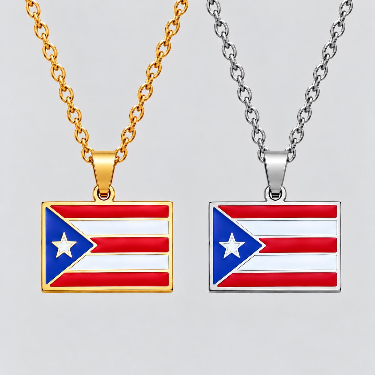 GRISÉ NYC Puerto Rico flag pendant necklaces in gold and silver stainless steel, featuring red, white, and blue flag designs.