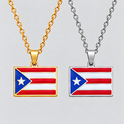GRISÉ NYC Puerto Rico flag pendant necklaces in gold and silver stainless steel, featuring red, white, and blue flag designs.