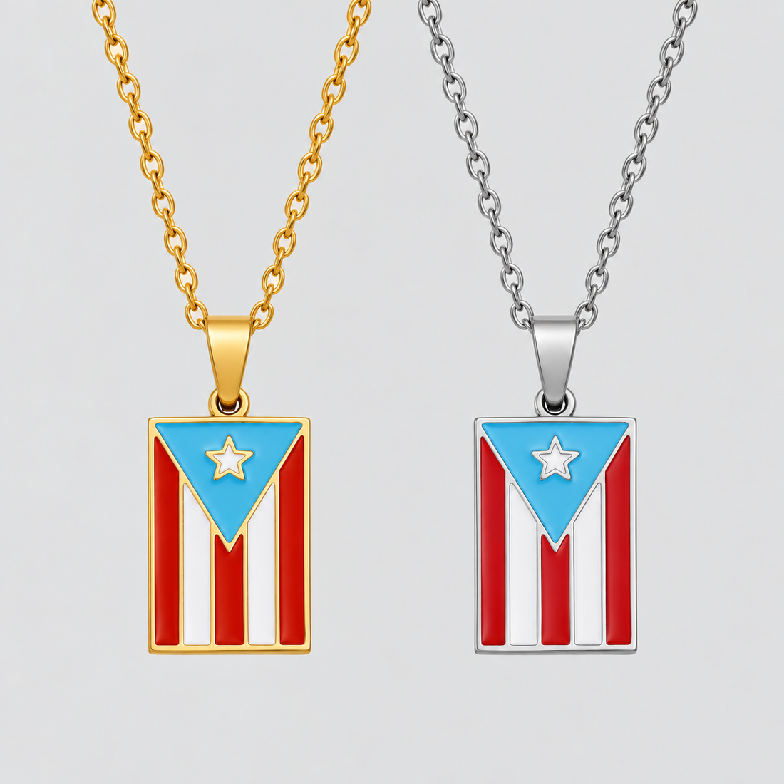 GRISÉ NYC Puerto Rican flag necklaces available in gold and silver stainless steel, featuring colorful enamel pendants.