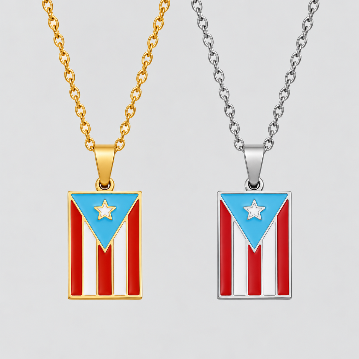 GRISÉ NYC Puerto Rican flag necklaces available in gold and silver stainless steel, featuring colorful enamel pendants.