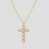 GRISÉ NYC Renaissance Cross Necklace featuring white gemstones set in a gold-tone stainless steel cross pendant.