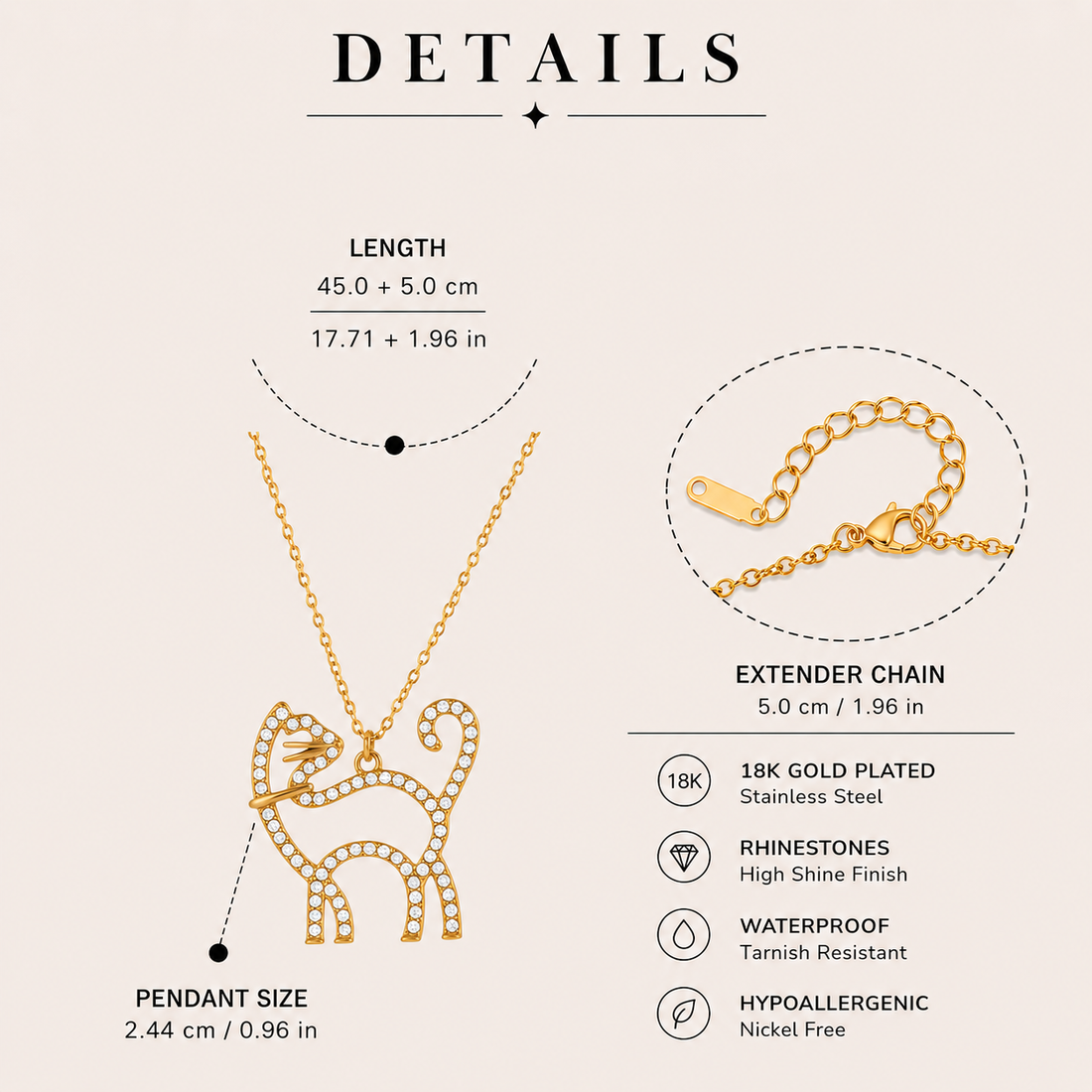 GRISÉ NYC Rhinestone Kitty Cat Necklace in 18k gold plated stainless steel with rhinestone detailing, extender chain, and pendant size details on a beige background