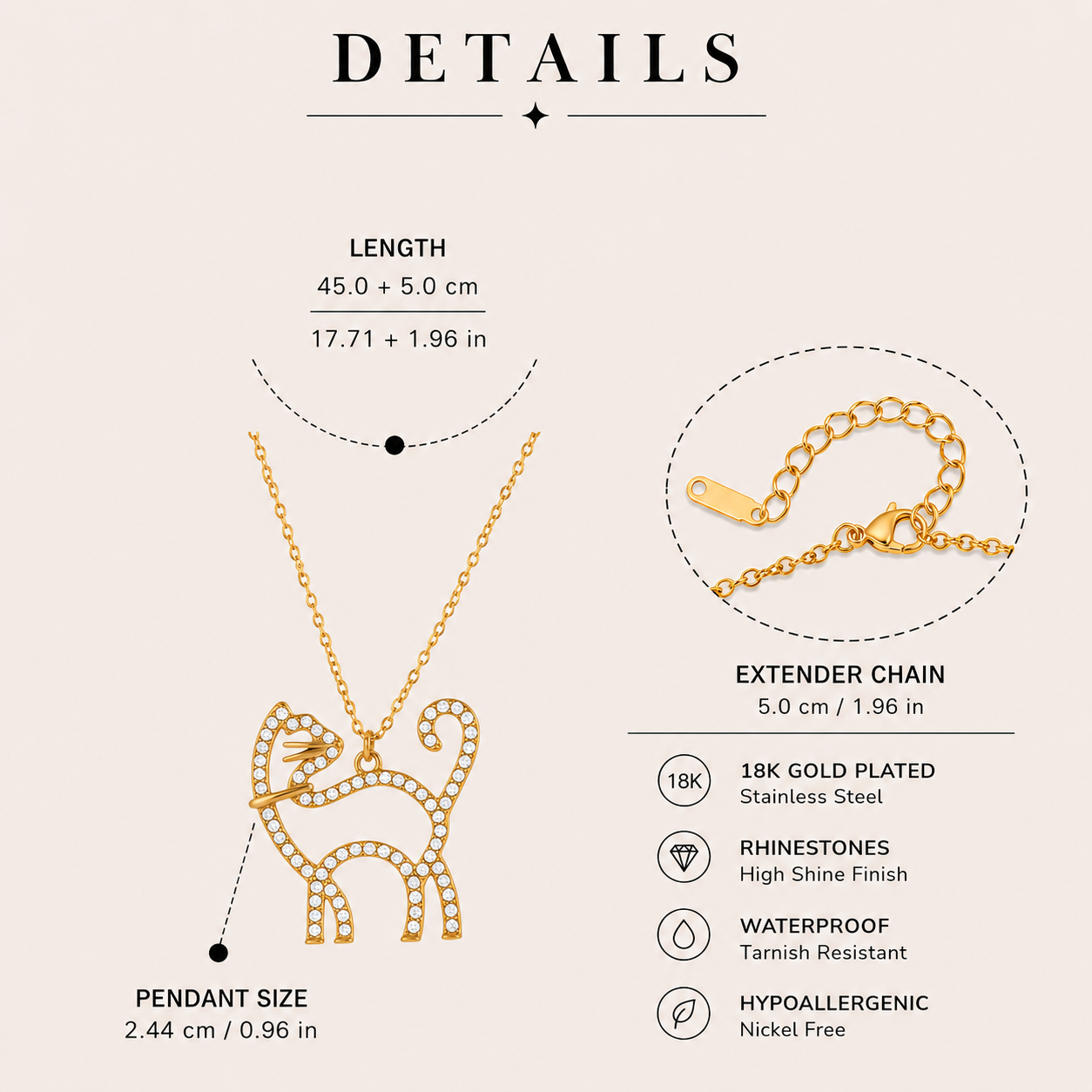 GRISÉ NYC Rhinestone Kitty Cat Necklace in 18k gold plated stainless steel with rhinestone detailing, extender chain, and pendant size details on a beige background