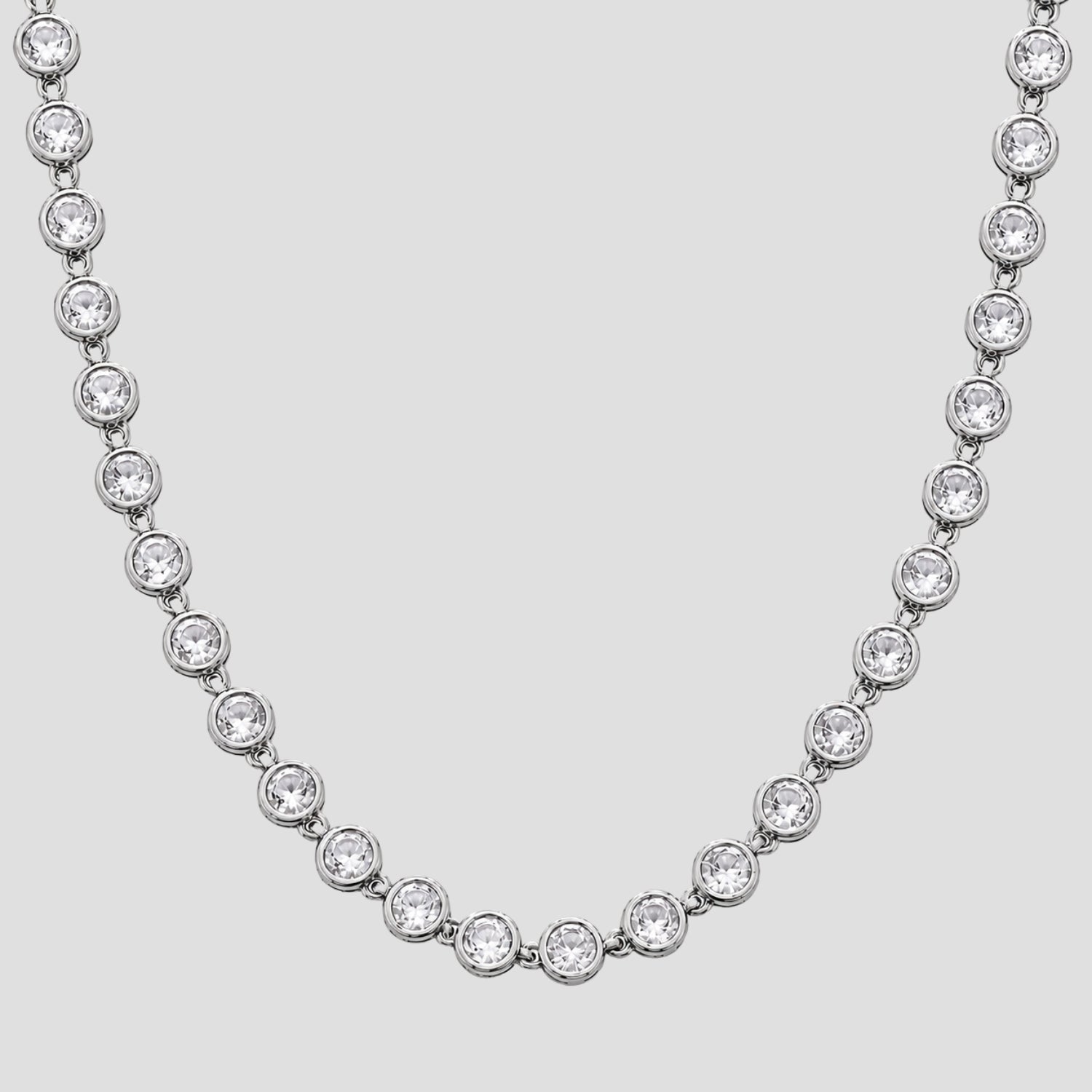 GRISÉ NYC Royal Bezel Gemstone Necklace 2.0 in stainless steel with bezel-set clear cubic zirconia stones.