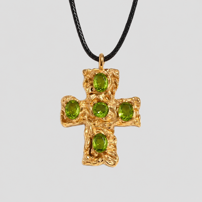 GRISÉ NYC rugged cross pendant necklace with kiwi gemstone accents, hammered gold texture.