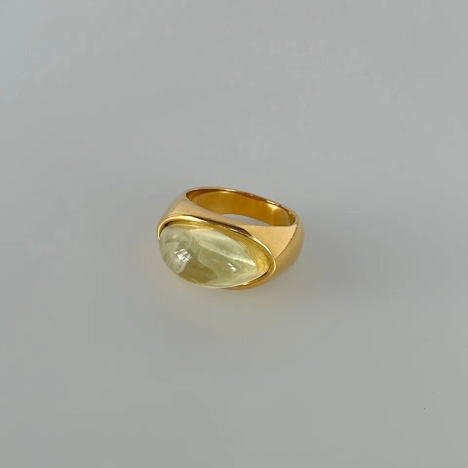 Gold Sage Resin Ring with translucent green resin stone