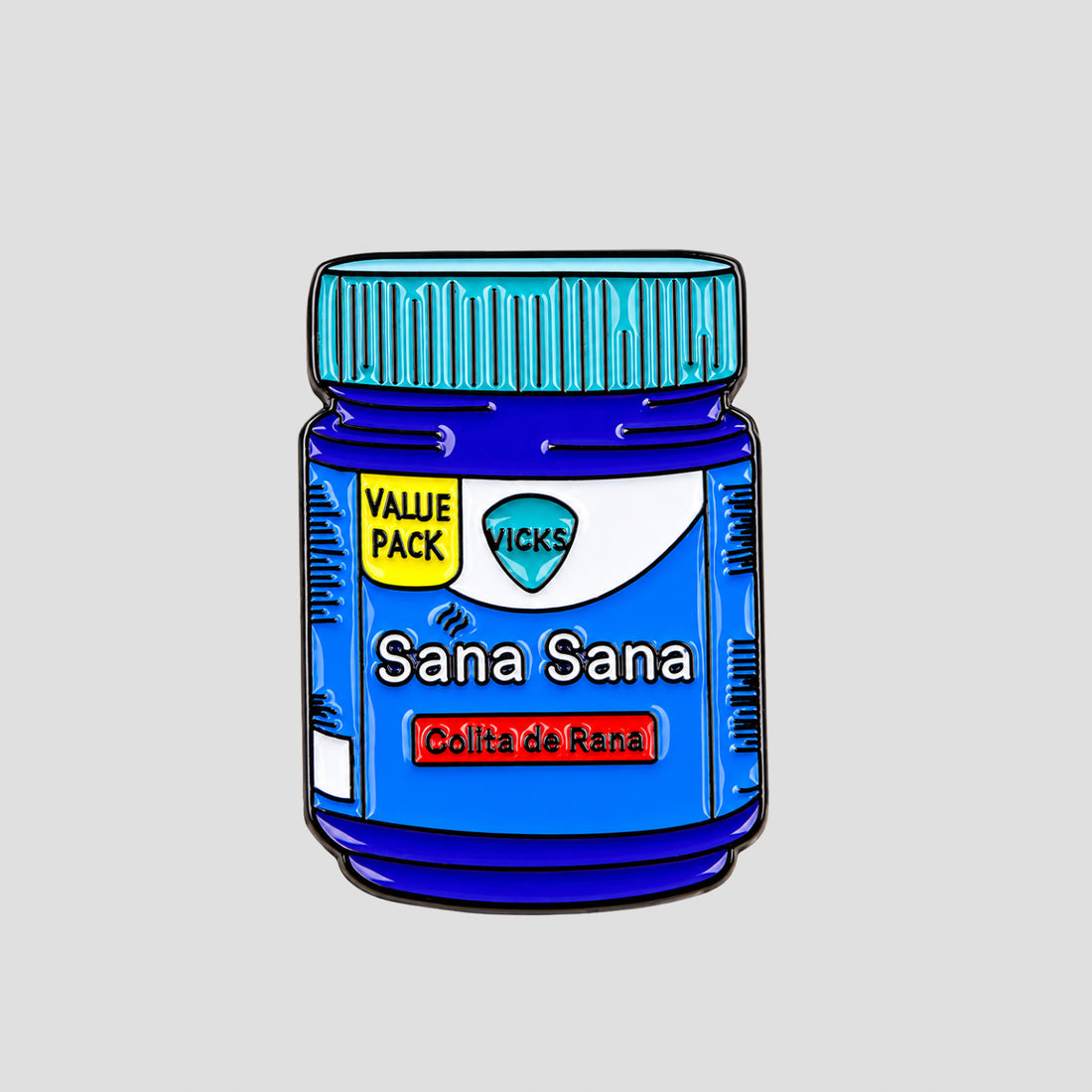 GRISÉ NYC Sana Sana Colita de Rana enamel pin shaped like Vicks VapoRub jar in blue and teal