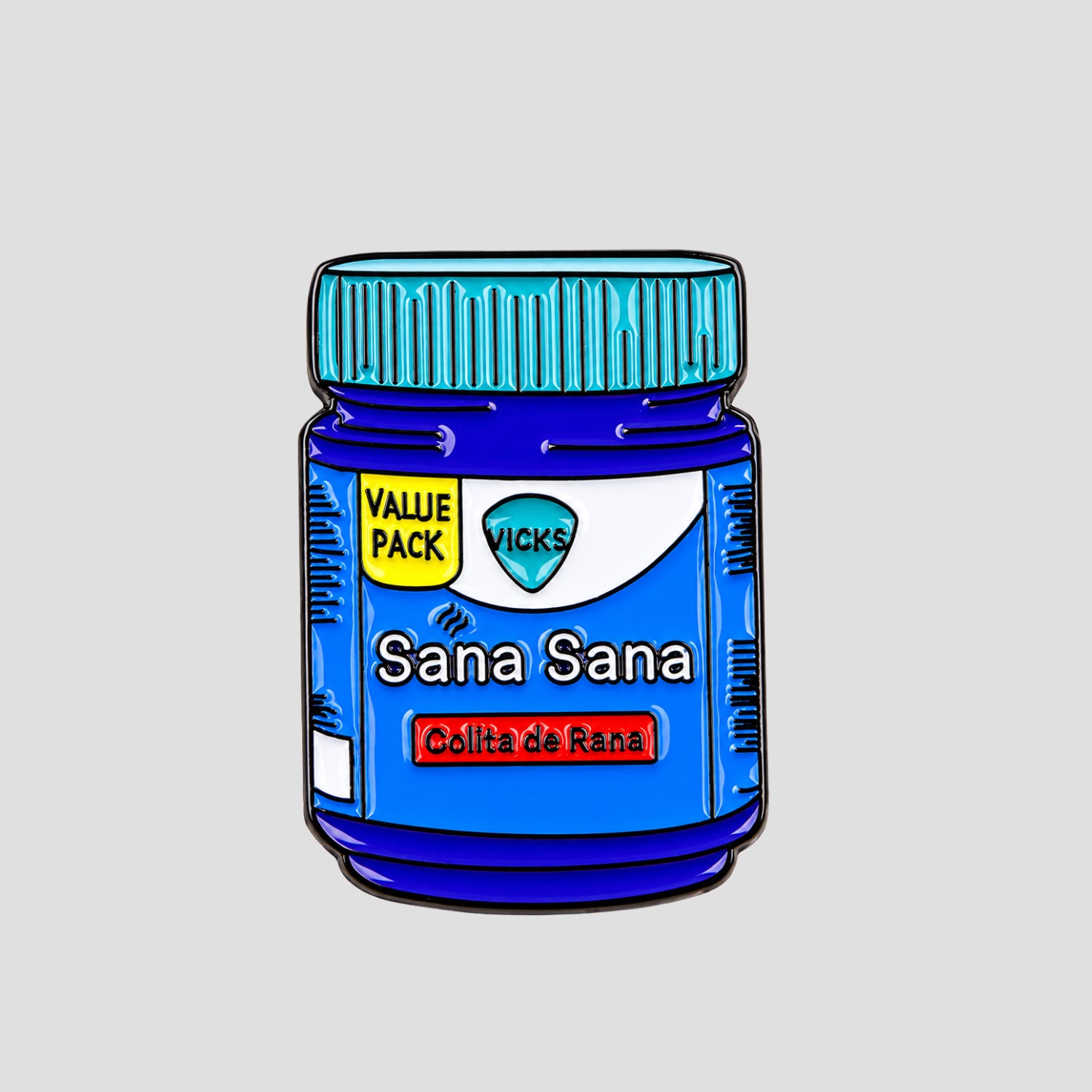 GRISÉ NYC Sana Sana Colita de Rana enamel pin shaped like Vicks VapoRub jar in blue and teal