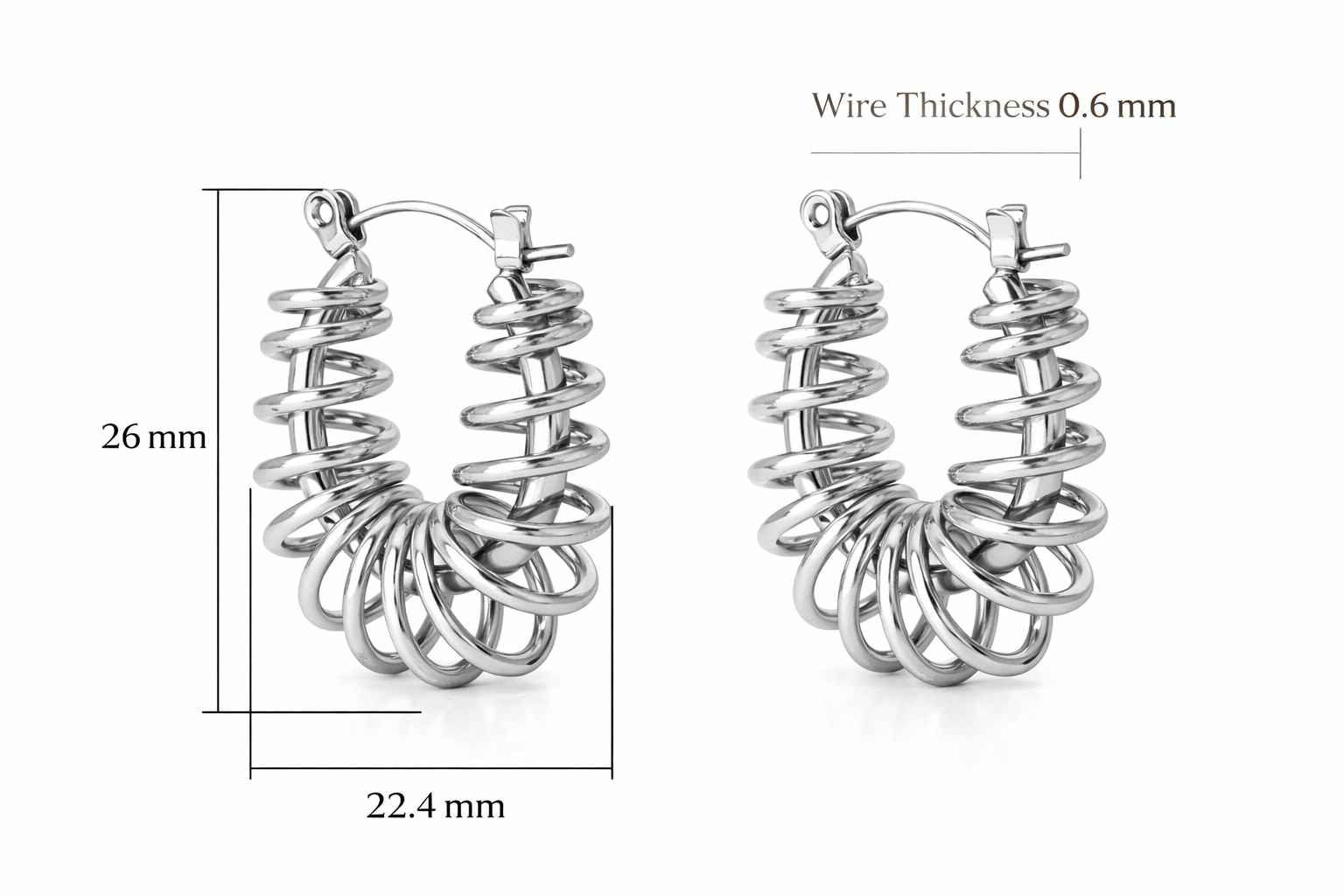 Silver barbed wire hoop earrings with measurements showing size and wire thickness