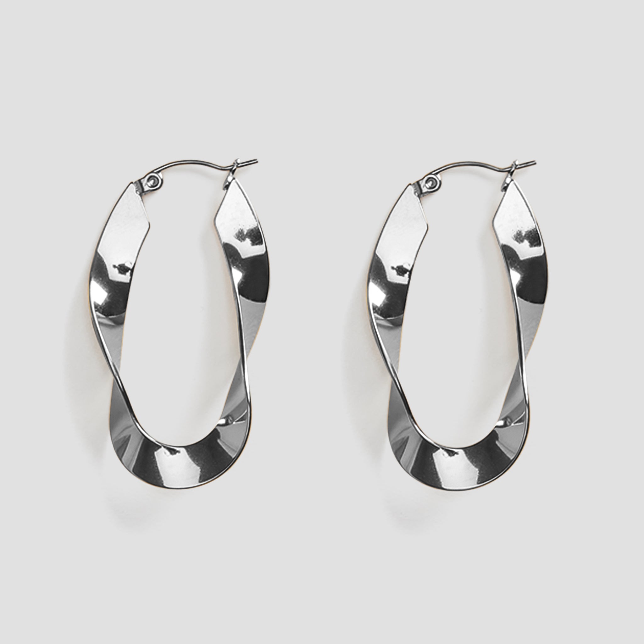 GRISÉ NYC twisted oblong silver hoop earrings premium stainless steel high shine finish