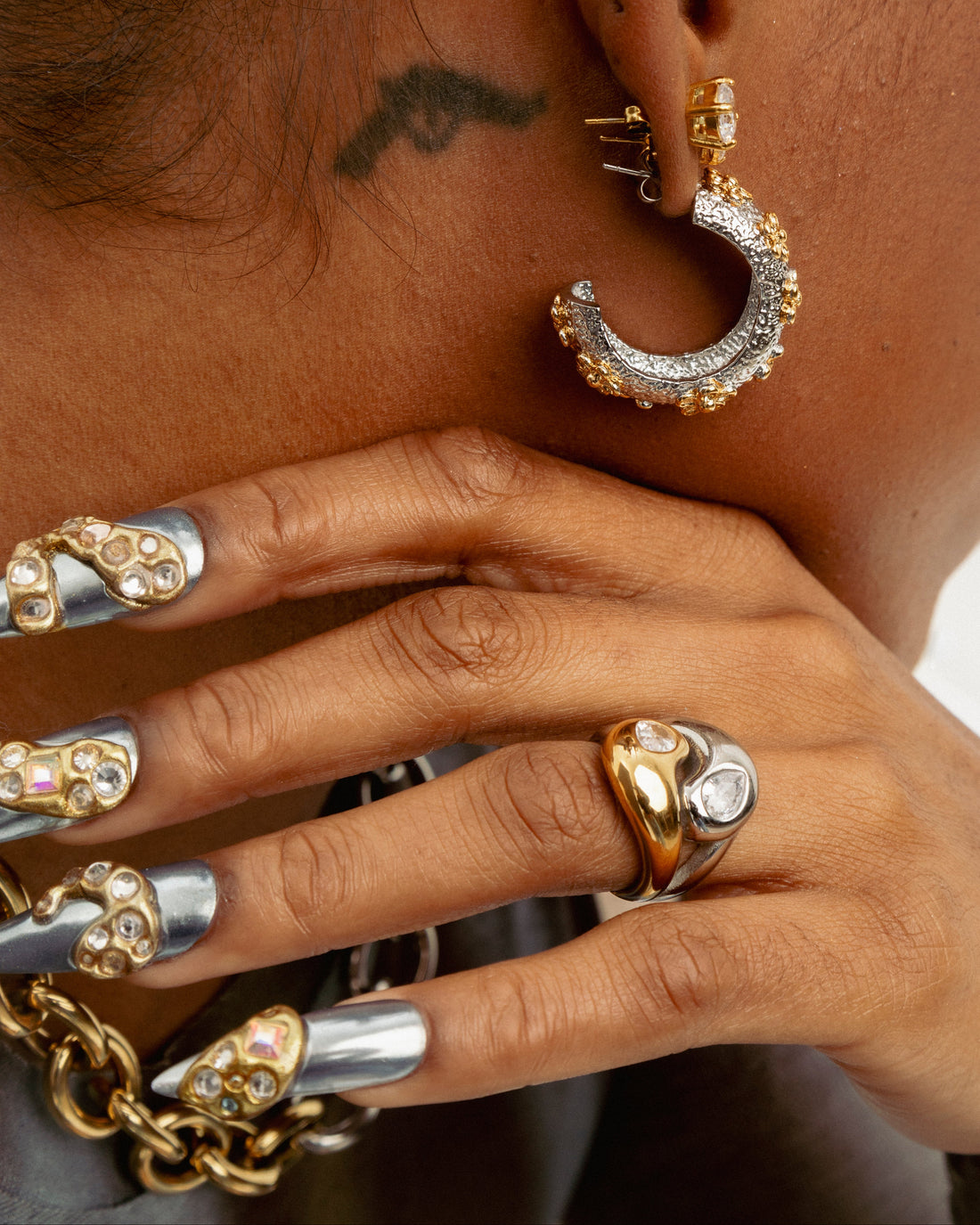 GRISÉ NYC yin yang 2 tone gemstone ring worn on hand mixed metal