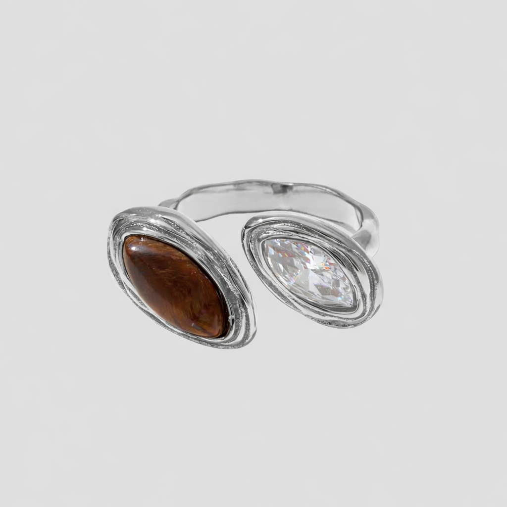 Tiger’s eye gemstone adjustable silver ring with cubic zirconia