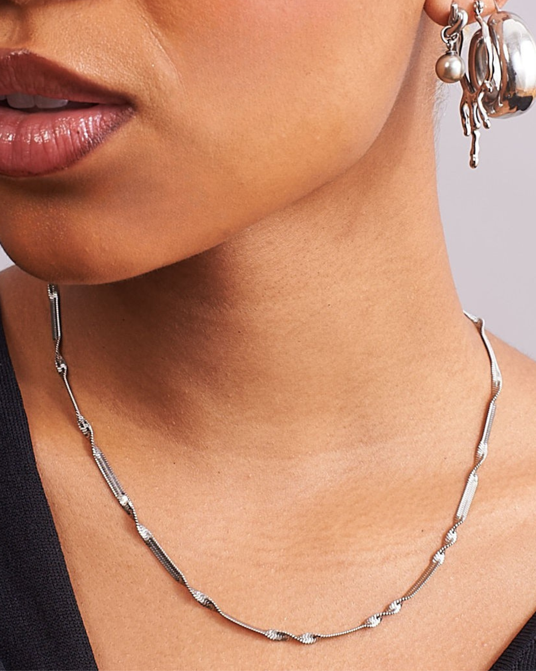 Twisted snake chain stainless steel necklace silver tarnish resistant by GRISÉ NYC.