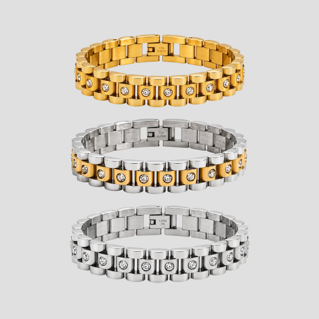 Jubilee Link Rhinestone Bracelet in 18k gold plated, two-tone gold and silver, and stainless steel finishes.