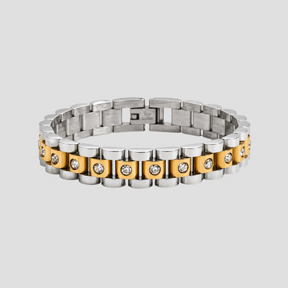 Two-tone Jubilee Link Rhinestone Bracelet in 18k gold plated and stainless steel with cubic zirconia stones.