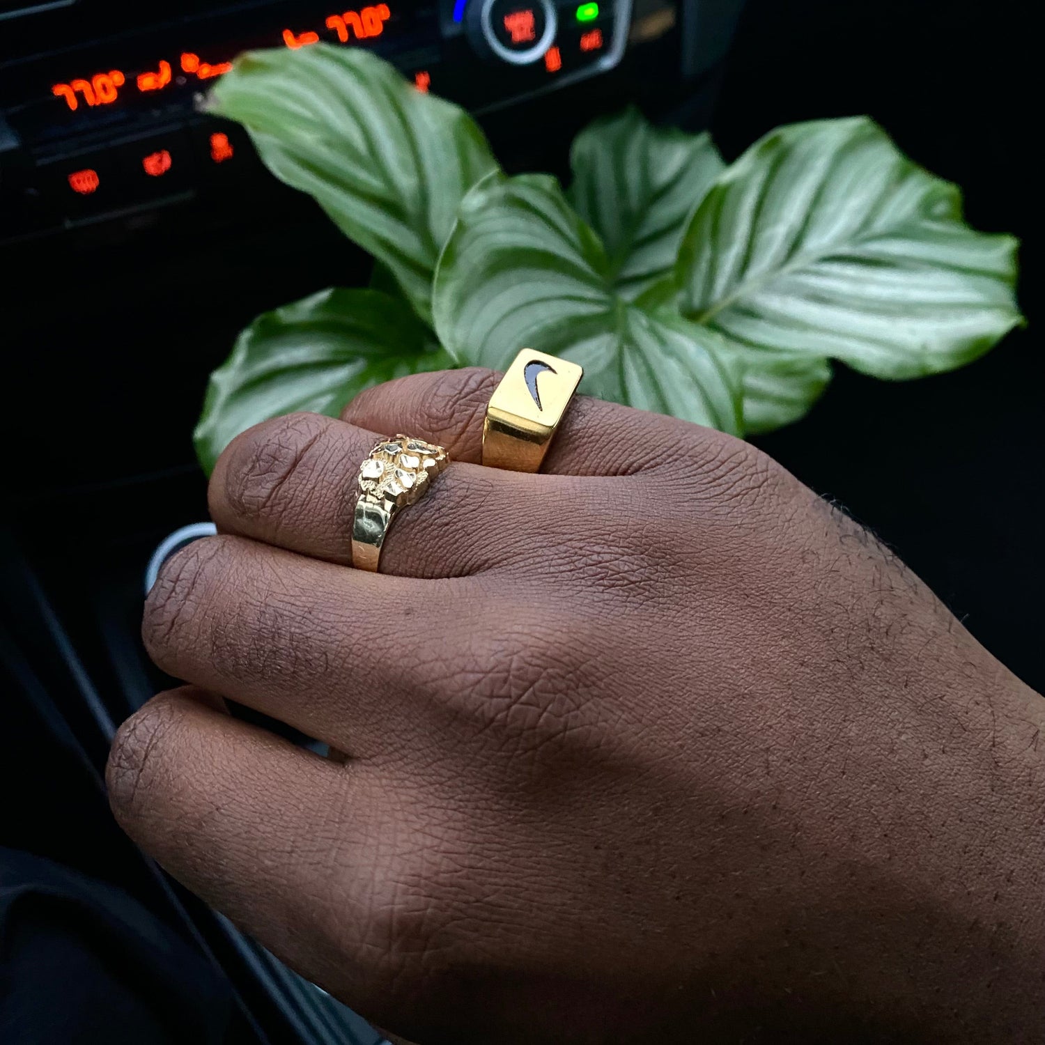 Close up of Just Do It 18k gold plated stainless steel signet ring by GRISÉ NYC