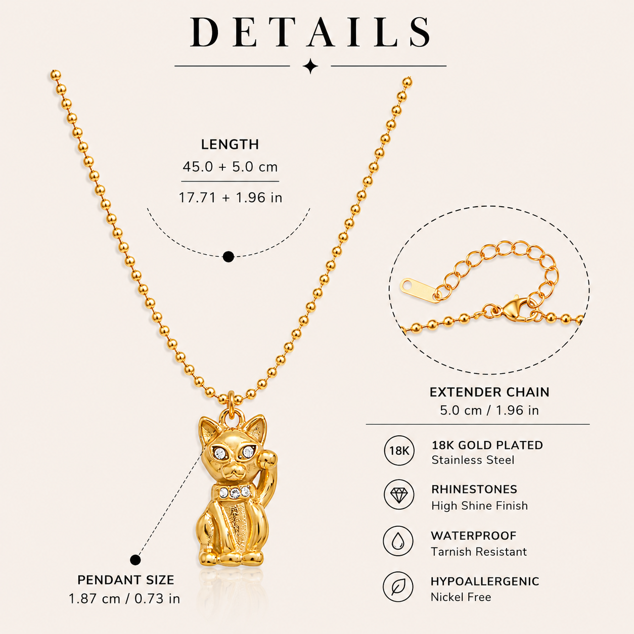 Lucky Fortune Cat Necklace in 18k gold plated stainless steel with rhinestone details, extender chain, and pendant size details on a light beige background