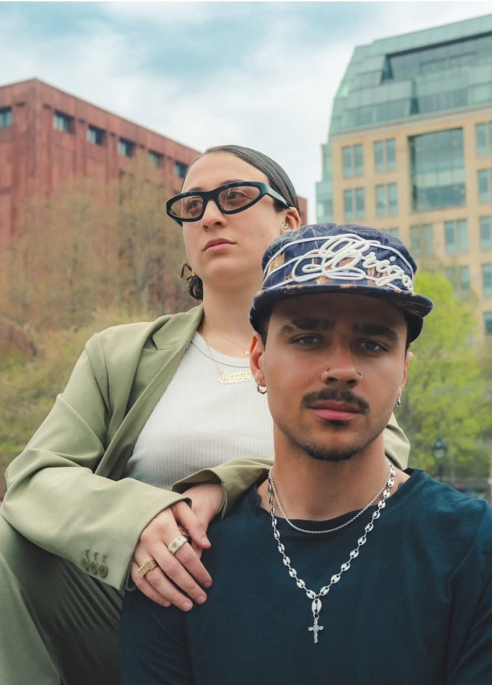 Unisex GRISÉ NYC Mariner Link Necklace with cross pendant styled in streetwear look.