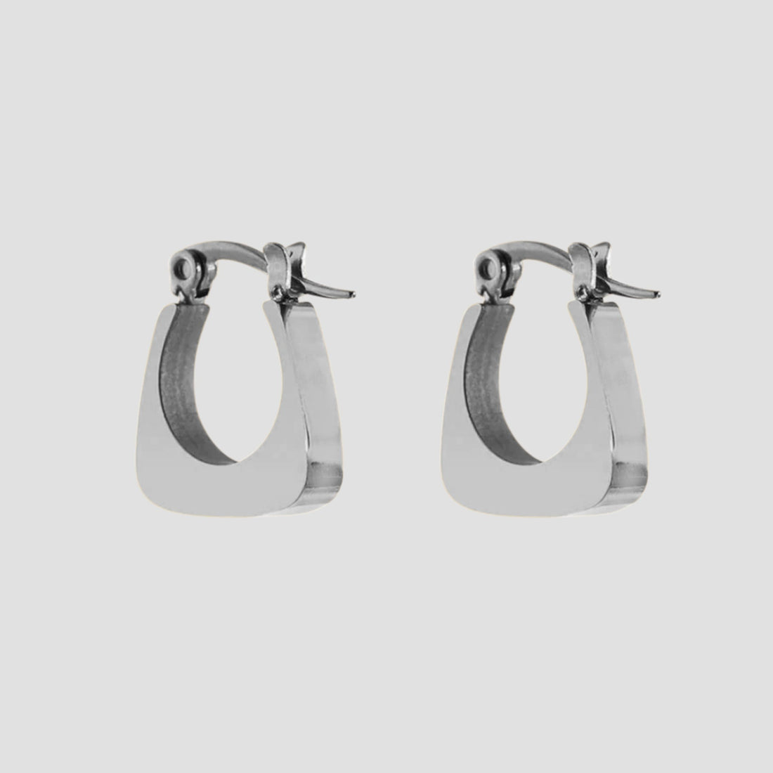Mini square stainless steel hoop earrings by GRISÉ NYC in high polish silver with modern geometric silhouette.