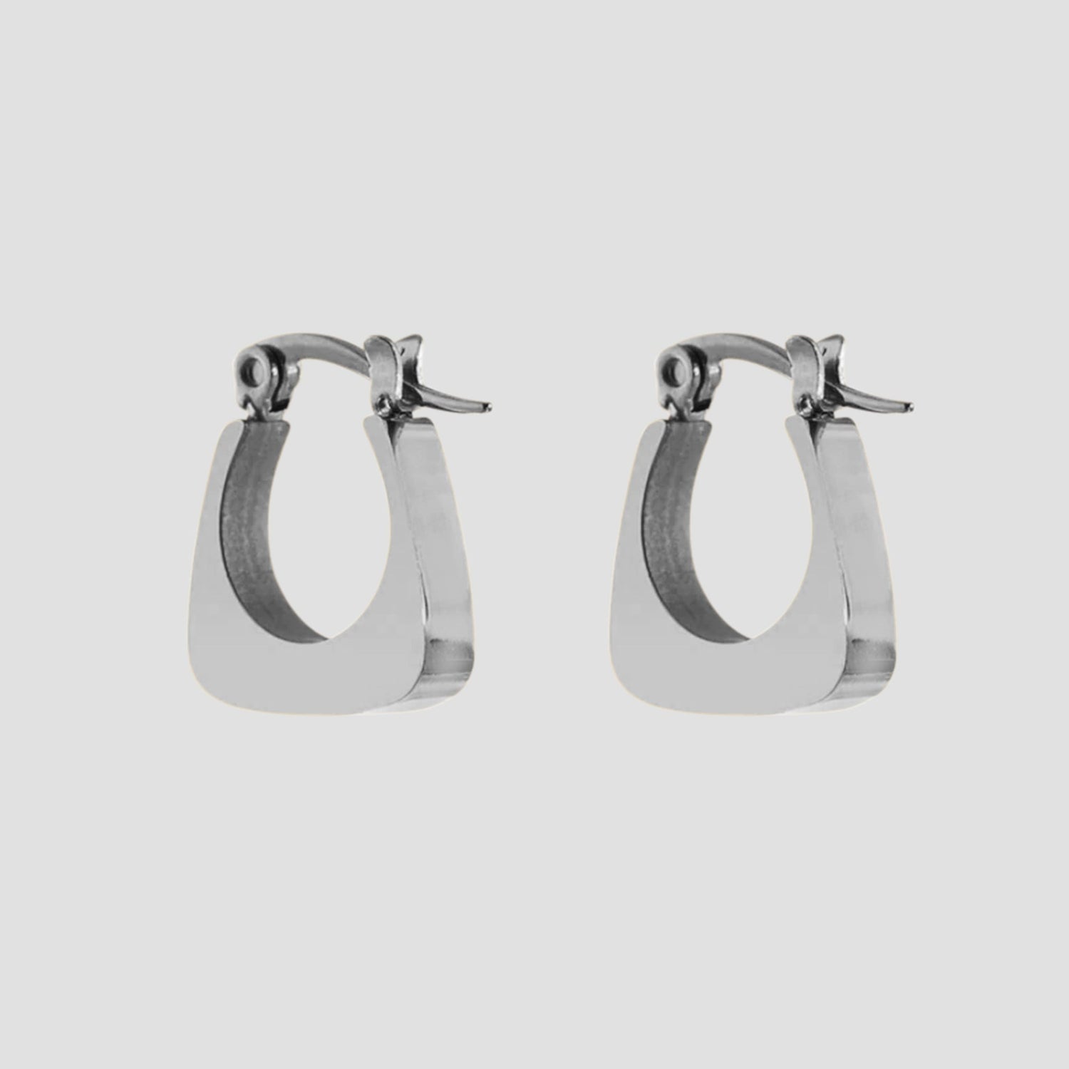 Mini square stainless steel hoop earrings by GRISÉ NYC in high polish silver with modern geometric silhouette.