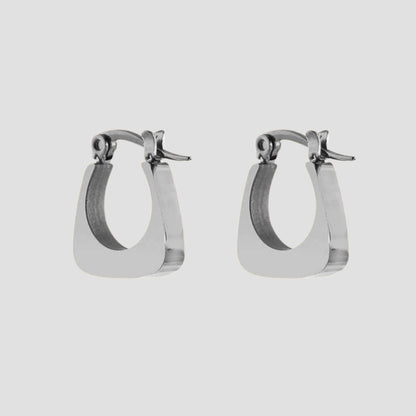 Mini square stainless steel hoop earrings by GRISÉ NYC in high polish silver with modern geometric silhouette.