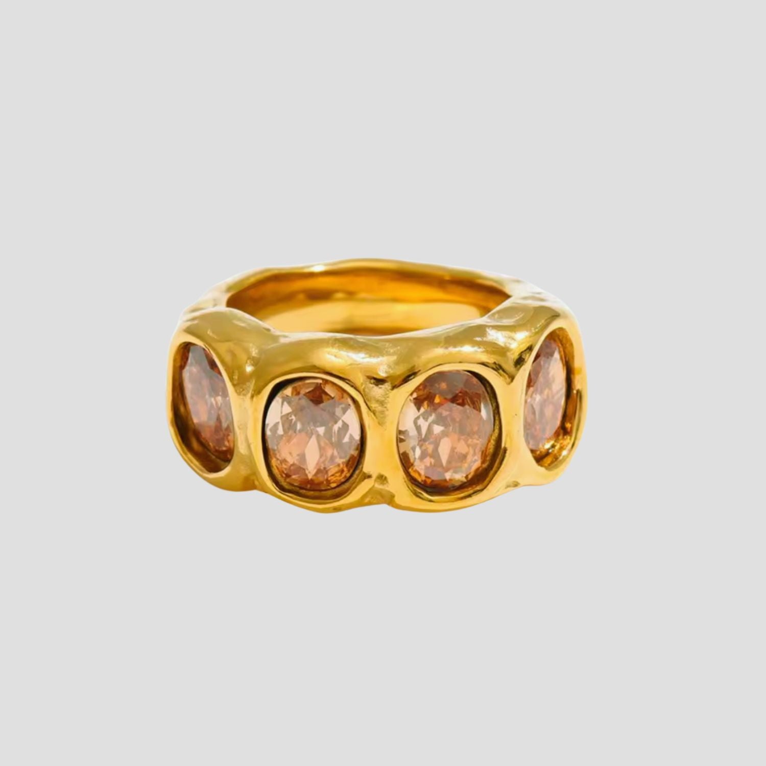 Molten Crown Gems Ring in 18k gold plated stainless steel featuring blush pink round gemstones in a sculptural molten band design.