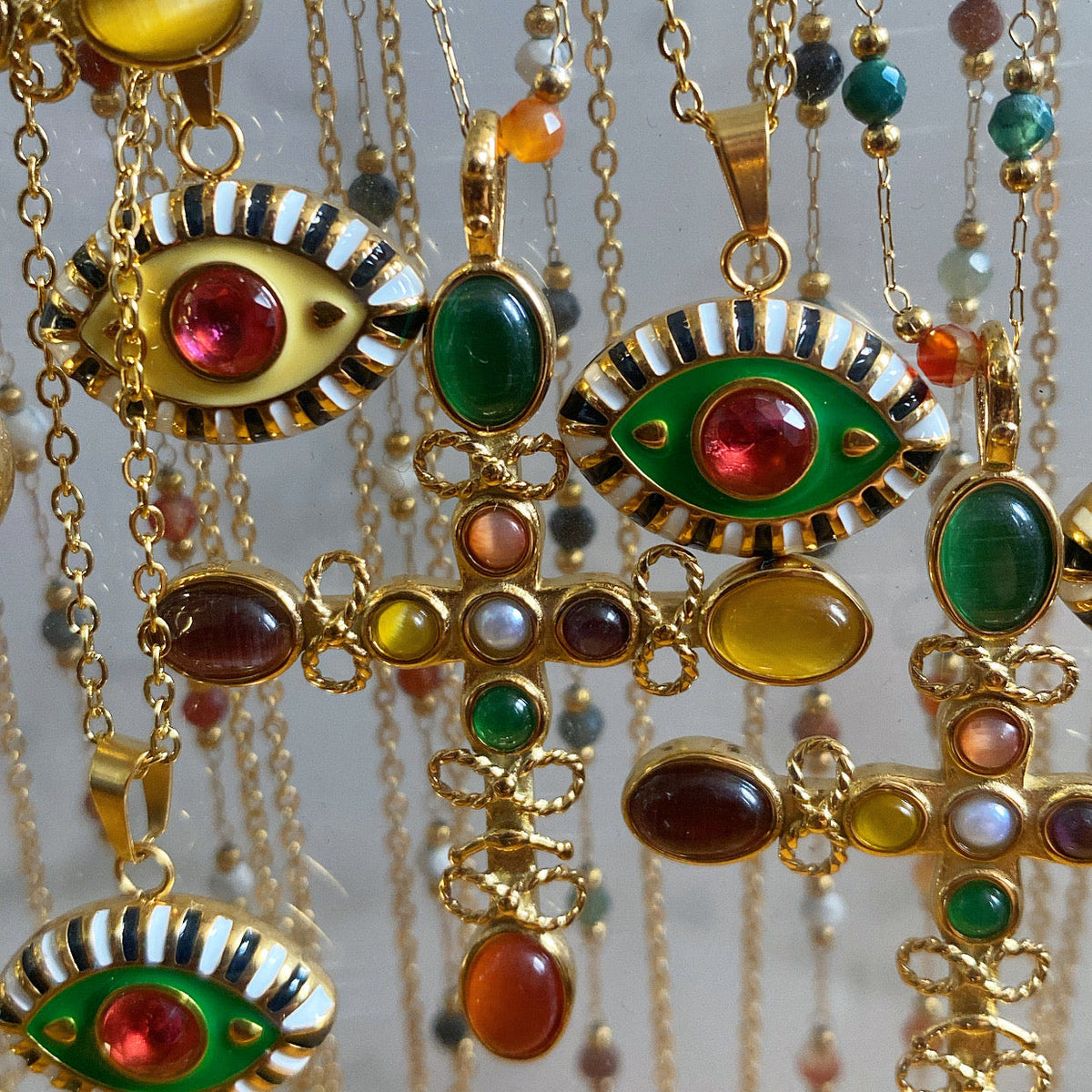 18k gold Multi Stone Cross Pendant Necklace with colorful stone details