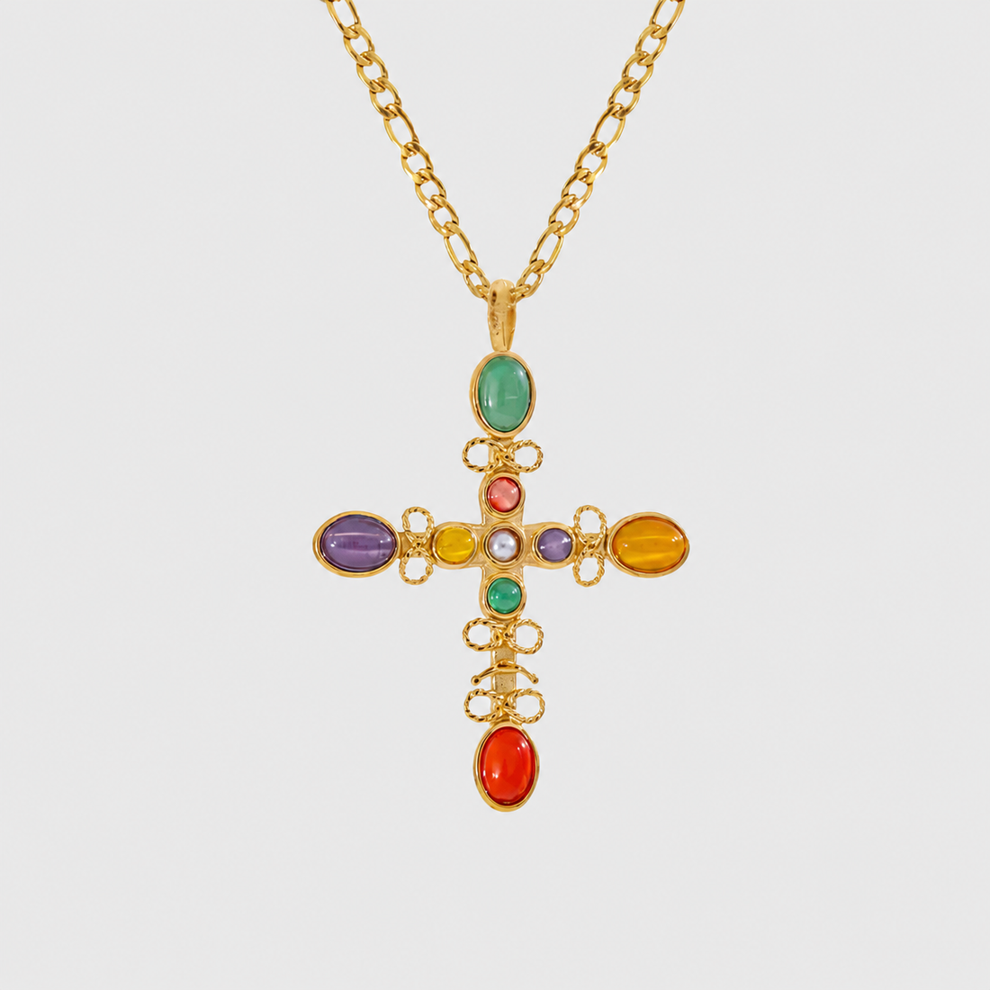 Multi Stone Cross Pendant Necklace in 18k gold with colorful stones by GRISÉ NYC