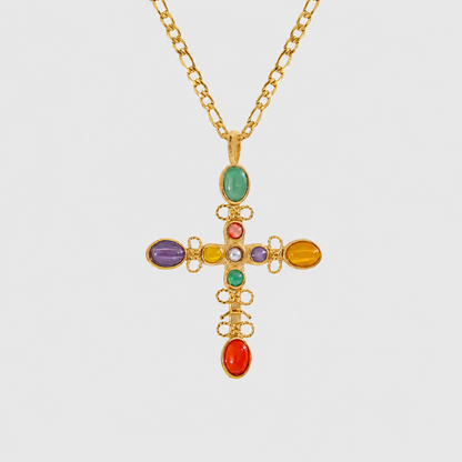 Multi Stone Cross Pendant Necklace in 18k gold with colorful stones by GRISÉ NYC