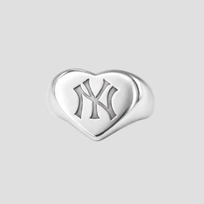 Silver New York Yankees heart signet ring by GRISÉ NYC featuring a puffed rounded heart face with engraved NY logo in polished stainless steel