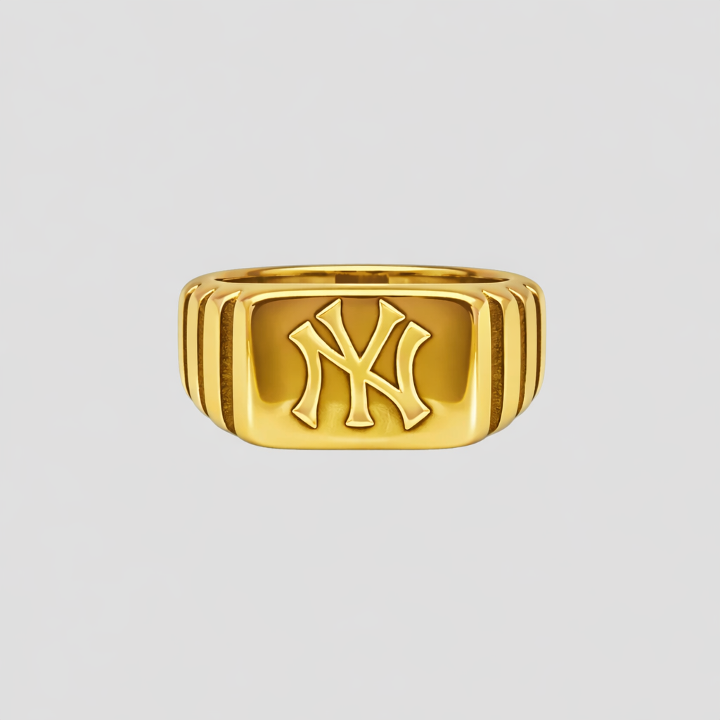 18k gold New York Yankees Legacy Ring with Yankees inspired emblem, stainless steel signet ring by GRISÉ NYC.