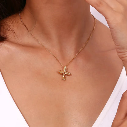 Nugget Cross Pendant 18k Gold Necklace worn on model