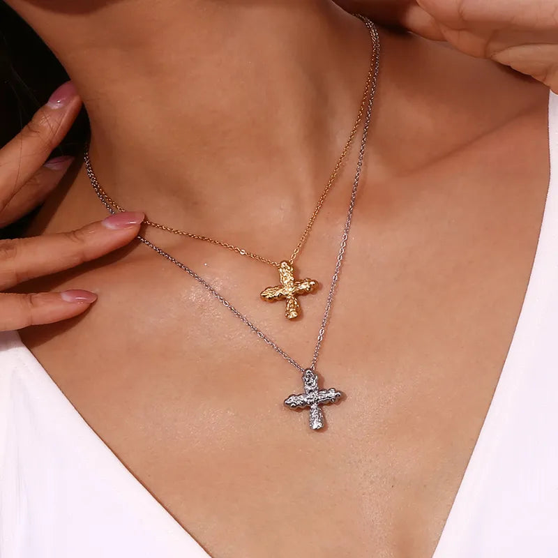 Gold Nugget Cross Pendant Necklace layered with silver Cross Nugget Necklace