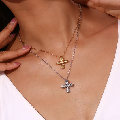 Gold Nugget Cross Pendant Necklace layered with silver Cross Nugget Necklace