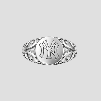 Silver Stainless Steel New York Yankees Vintage band signet ring with raised NY logo GRISÉ NYC tarnish resistant unisex ring.