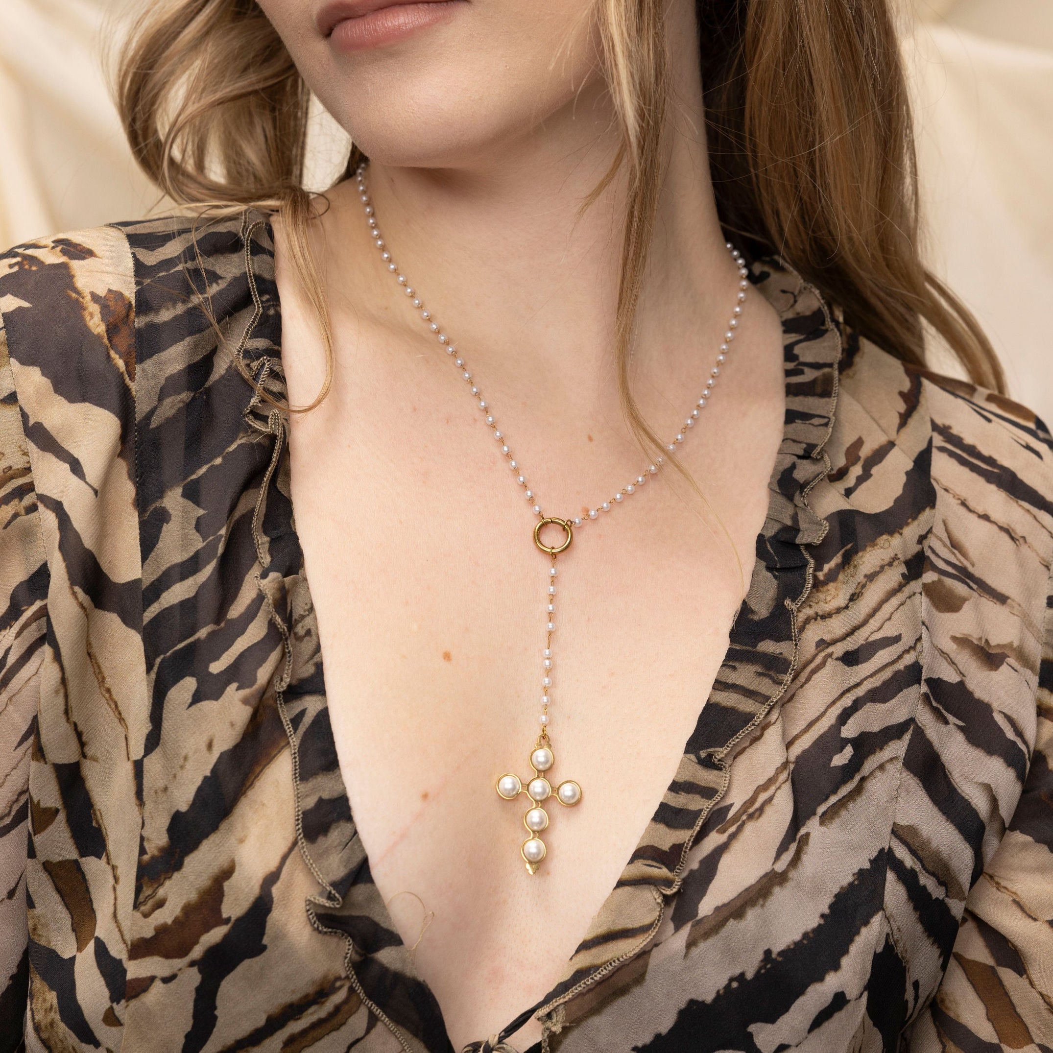 Perlita Rosary 18k Gold Cross Pendant Necklace - GRISÉ NYC 2