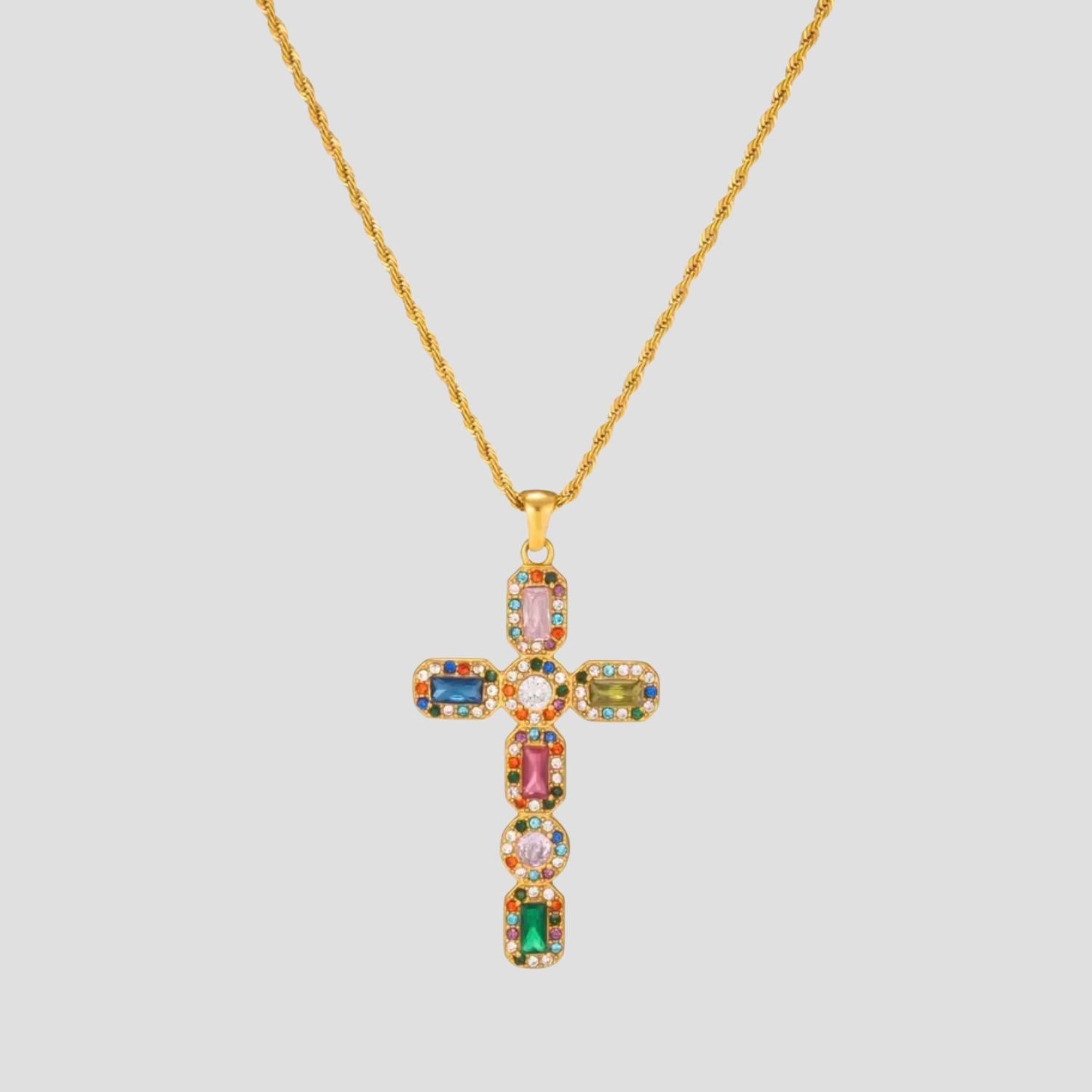 GRISÉ NYC Renaissance Cross Necklace featuring multicolor gemstones on a gold-tone stainless steel rope chain.