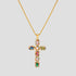 GRISÉ NYC Renaissance Cross Necklace featuring multicolor gemstones on a gold-tone stainless steel rope chain.