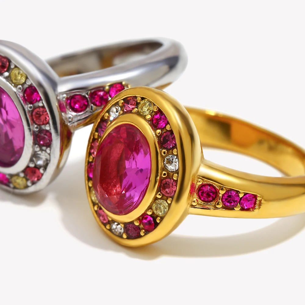GRISÉ NYC Rosalia Gemstone Ring close-up, oval pink stone in a multicolor crystal halo