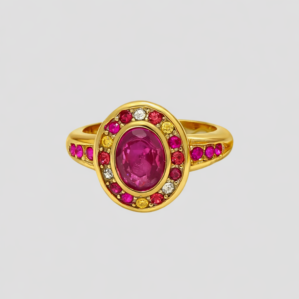 Rosalia gemstone 18k gold stainless steel ring featuring oval pink gemstone and crystal accents, tarnish resistant statement ring by GRISÉ NYC.